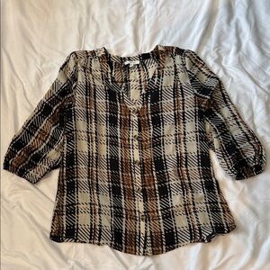 Maurices Black and Brown Plaid Blouse button front three-quarter sleeves, V-neck